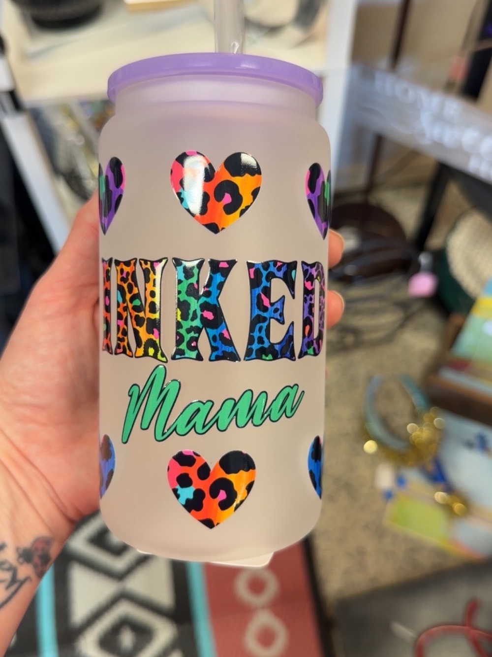 Neon Leopard Mama Canned Tumbler with Lavender Lid